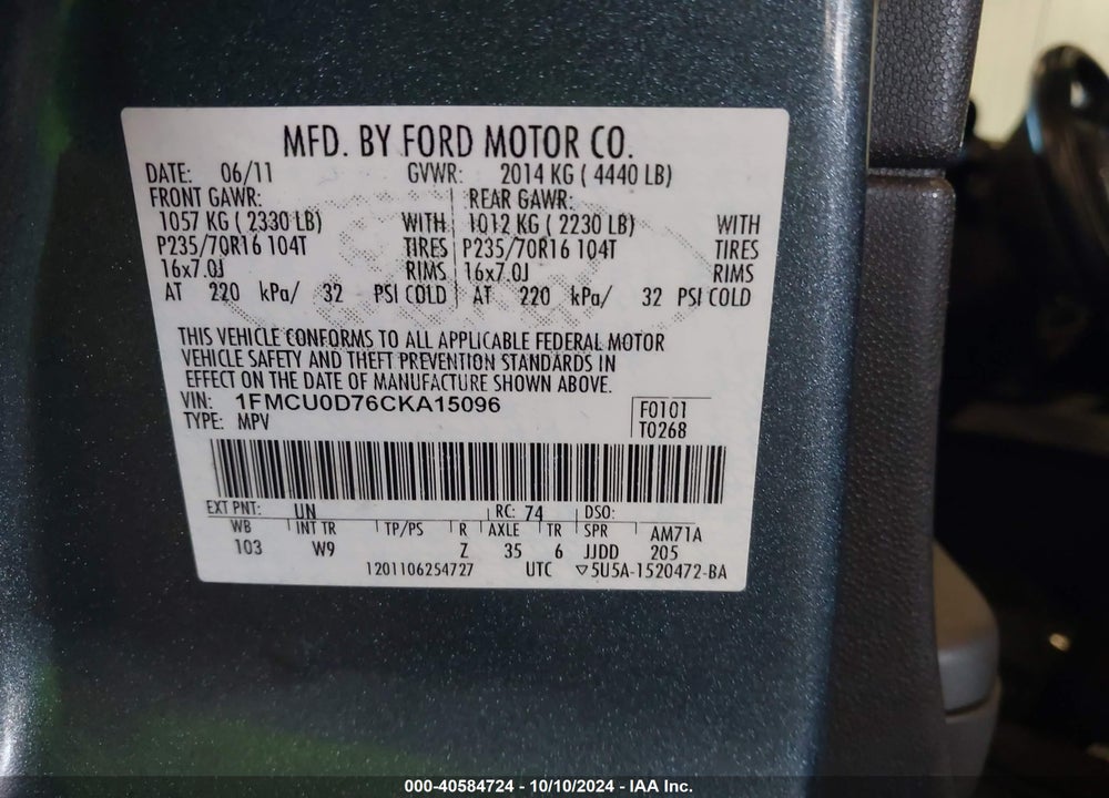 2012 FORD ESCAPE XLT VIN: 1FMCU0D76CKA15096