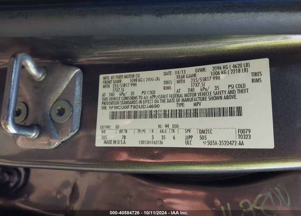 2013 FORD ESCAPE S VIN: 1FMCU0F79DUD34690