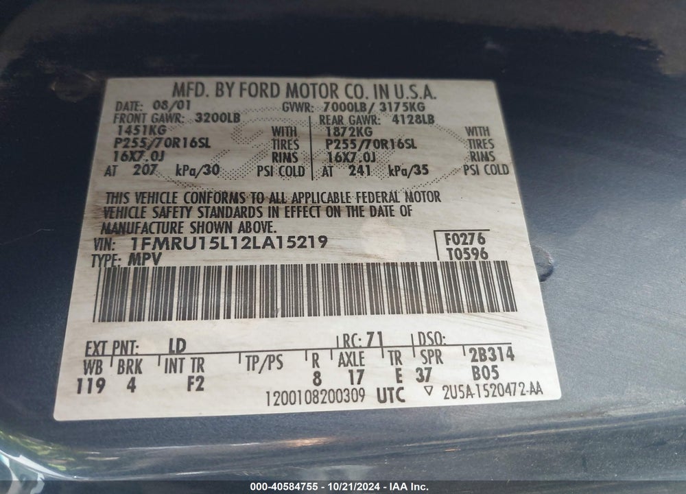 2002 FORD EXPEDITION XLT VIN: 1FMRU15L12LA15219