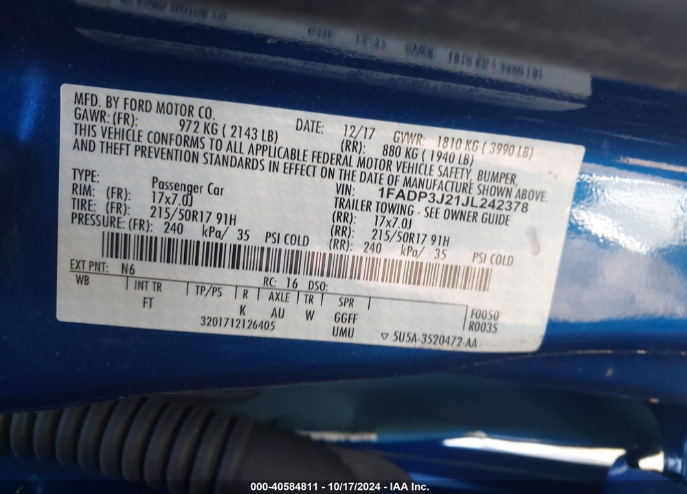 2018 FORD FOCUS TITANIUM VIN: 1FADP3J21JL242378