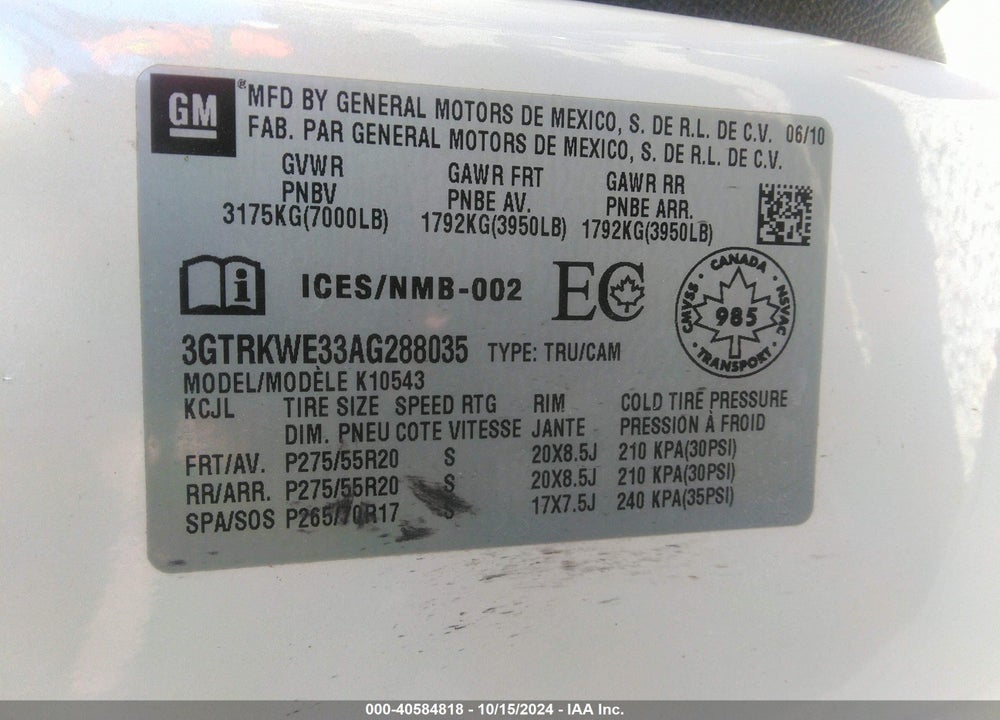 2010 GMC SIERRA 1500 SLT VIN: 3GTRKWE33AG288035