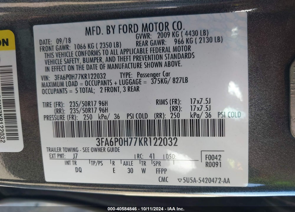 2019 FORD FUSION SE VIN: 3FA6P0H77KR122032