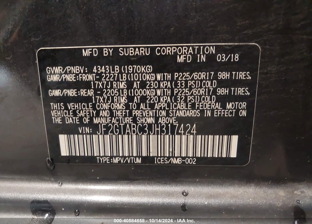 2018 SUBARU CROSSTREK 2.0I PREMIUM VIN: JF2GTABC3JH317424