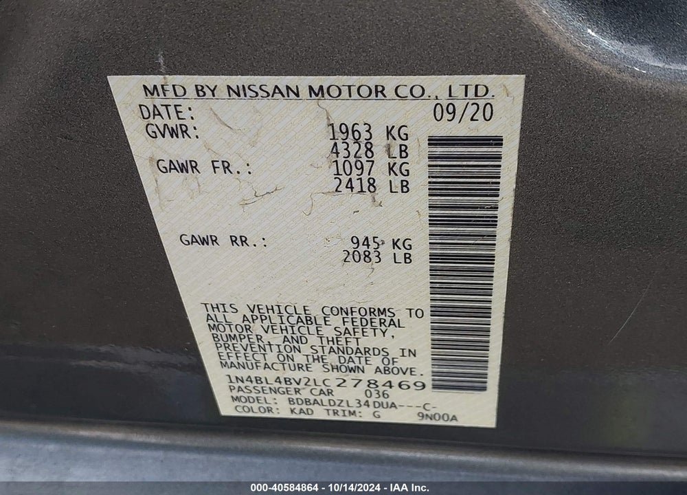 2020 NISSAN ALTIMA S FWD VIN: 1N4BL4BV2LC278469