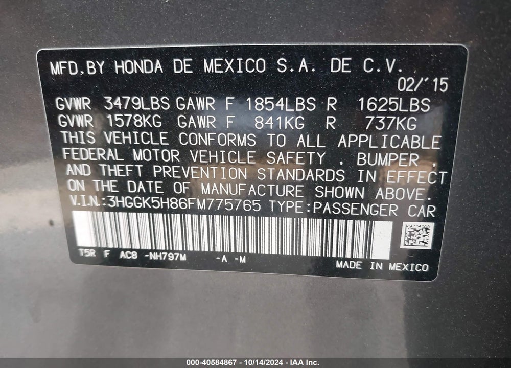 2015 HONDA FIT EX/EX-L VIN: 3HGGK5H86FM775765