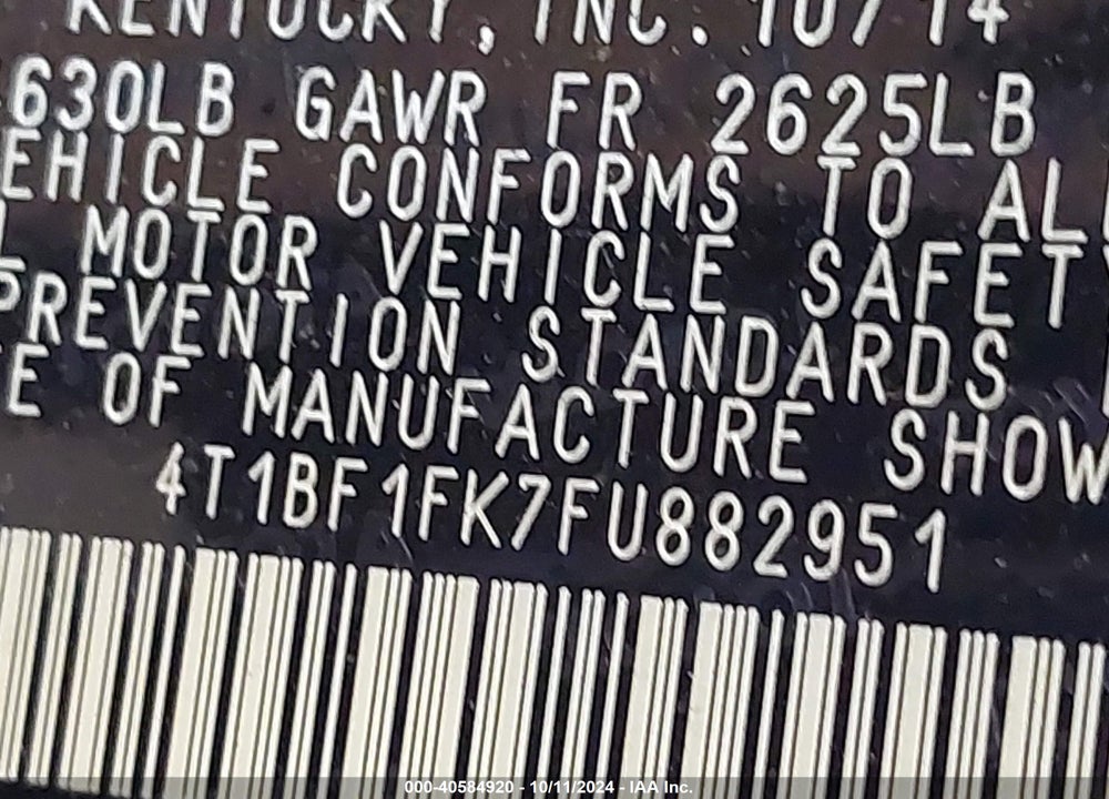 2015 TOYOTA CAMRY XLE VIN: 4T1BF1FK7FU882951
