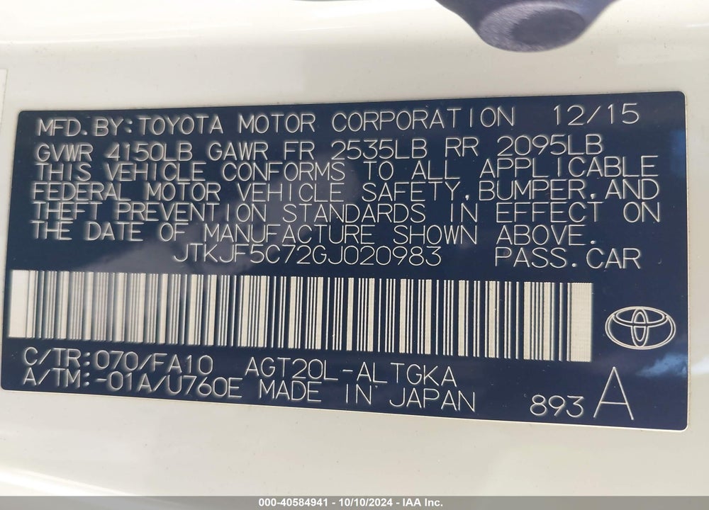 2016 SCION TC VIN: JTKJF5C72GJ020983