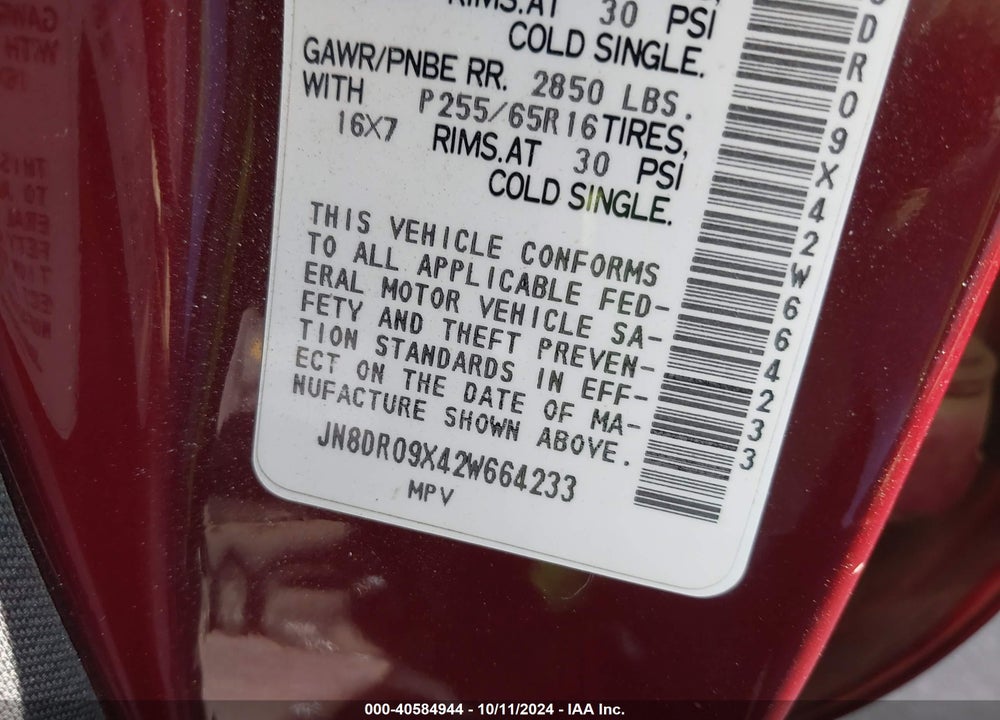 2002 NISSAN PATHFINDER SE VIN: JN8DR09X42W664233