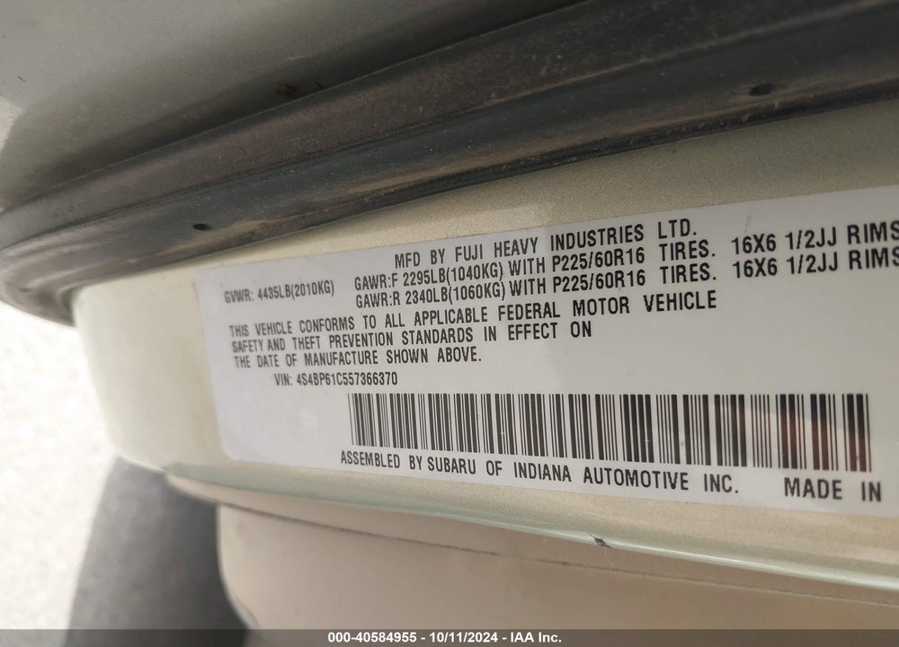 2005 SUBARU OUTBACK 2.5I VIN: 4S4BP61C557366370