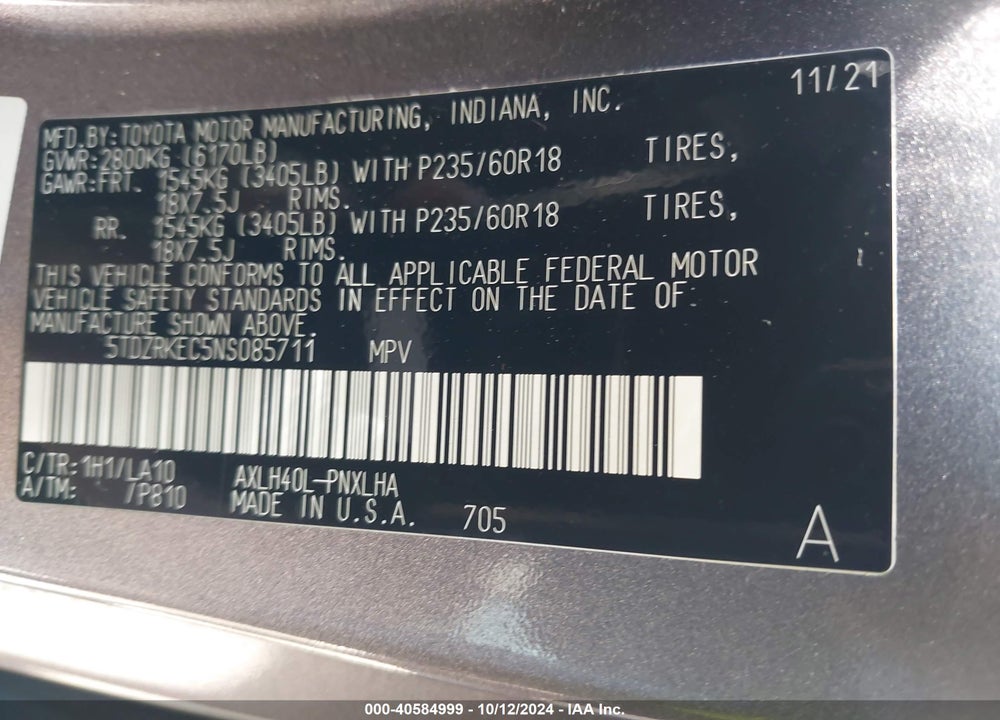 2022 TOYOTA SIENNA LIMITED VIN: 5TDZRKEC5NS085711