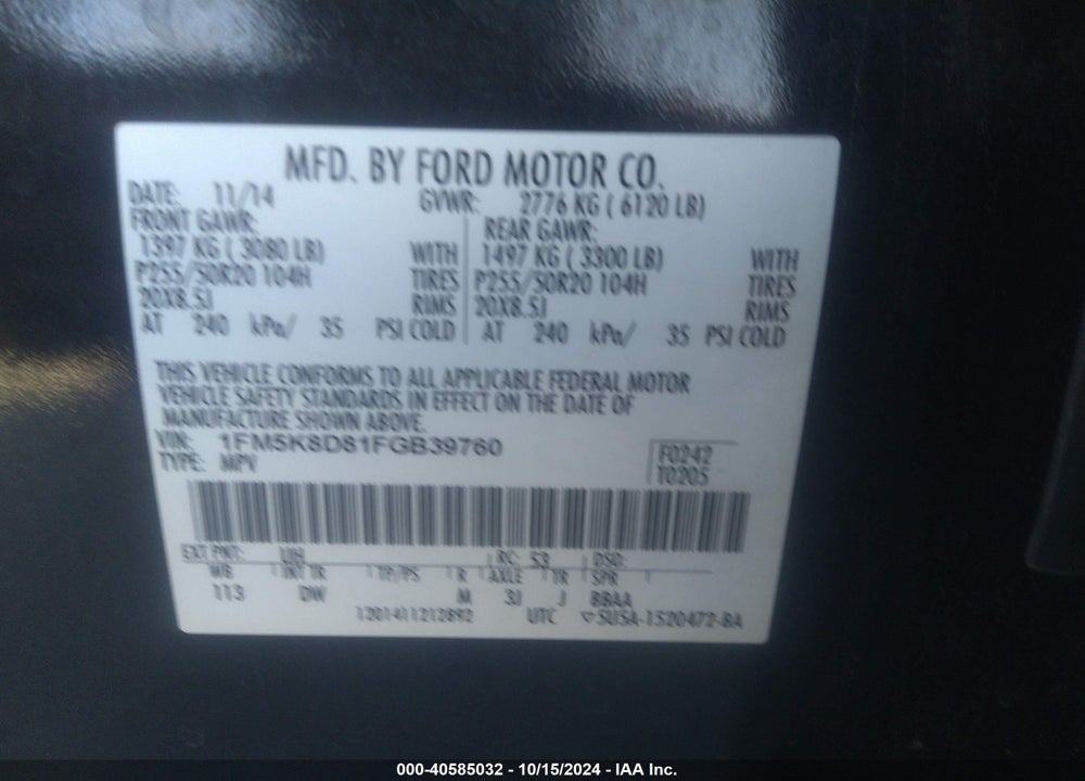 2015 FORD EXPLORER XLT VIN: 1FM5K8D81FGB39760