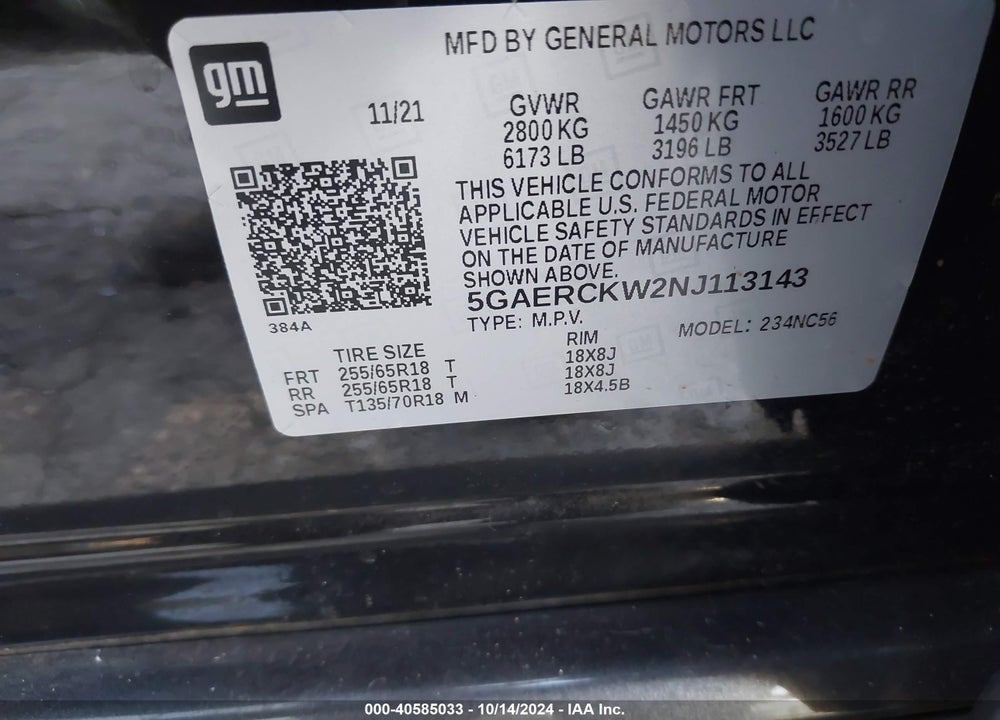 2022 BUICK ENCLAVE FWD PREMIUM VIN: 5GAERCKW2NJ113143