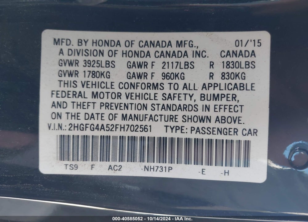 2015 HONDA CIVIC SI VIN: 2HGFG4A52FH702561