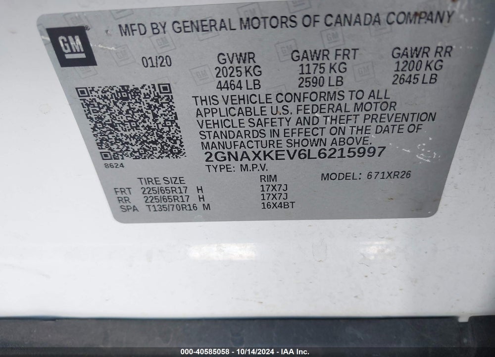2020 CHEVROLET EQUINOX FWD LT 1.5L TURBO VIN: 2GNAXKEV6L6215997