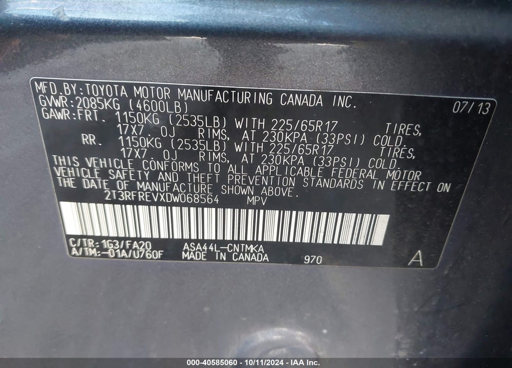 2013 TOYOTA RAV4 XLE VIN: 2T3RFREVXDW068564
