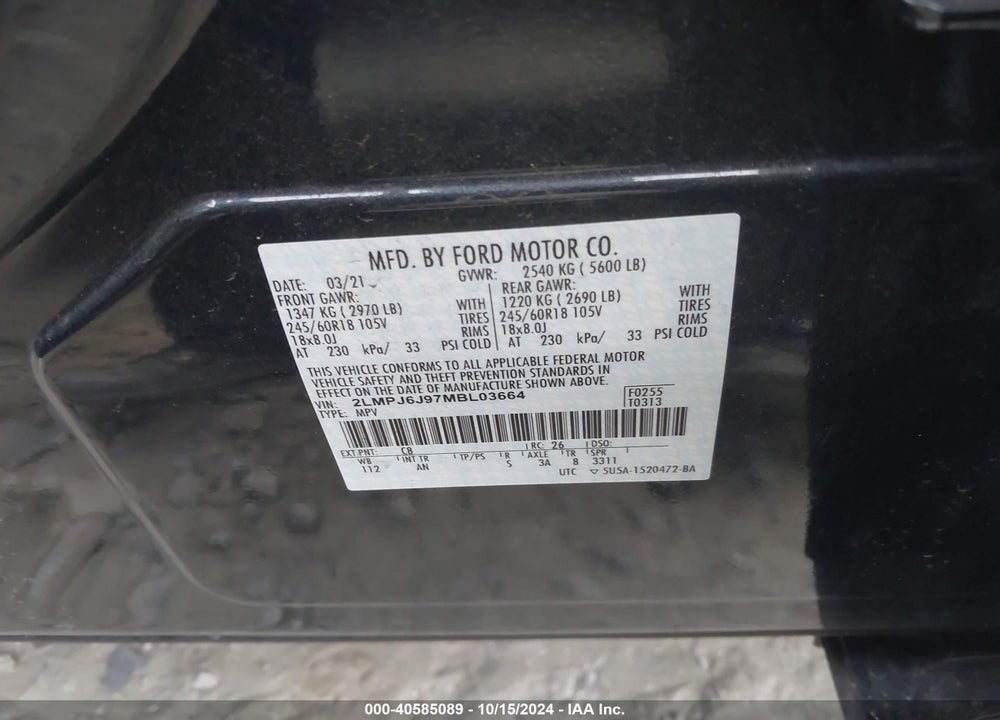 2021 LINCOLN NAUTILUS STANDARD VIN: 2LMPJ6J97MBL03664