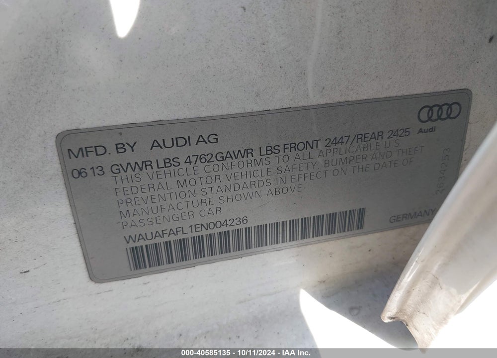 2014 AUDI A4 2.0T PREMIUM VIN: WAUAFAFL1EN004236