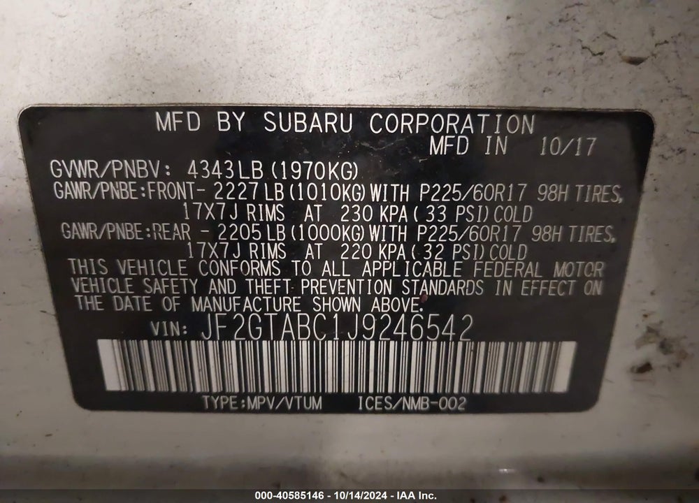2018 SUBARU CROSSTREK 2.0I PREMIUM VIN: JF2GTABC1J9246542