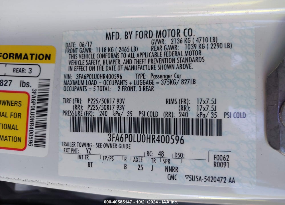 2017 FORD FUSION HYBRID VIN: 3FA6P0LU0HR400596