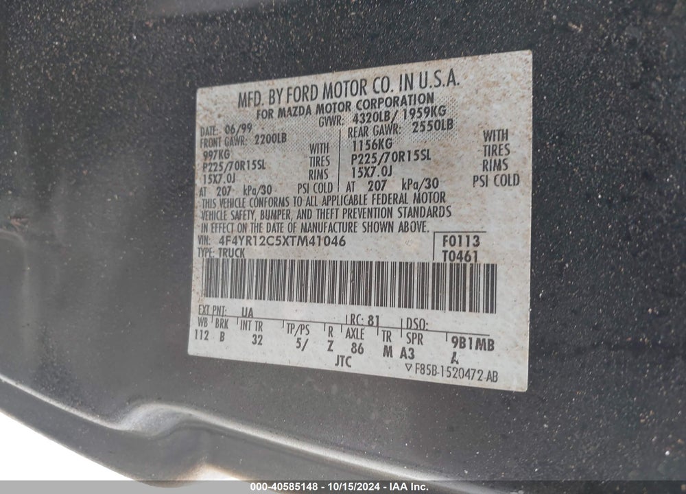 1999 MAZDA B2500 SE/SX/TL VIN: 4F4YR12C5XTM41046
