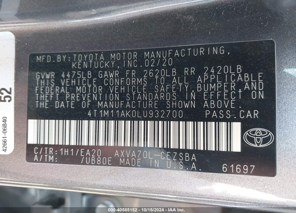 2020 TOYOTA CAMRY SE VIN: 4T1M11AK0LU932700