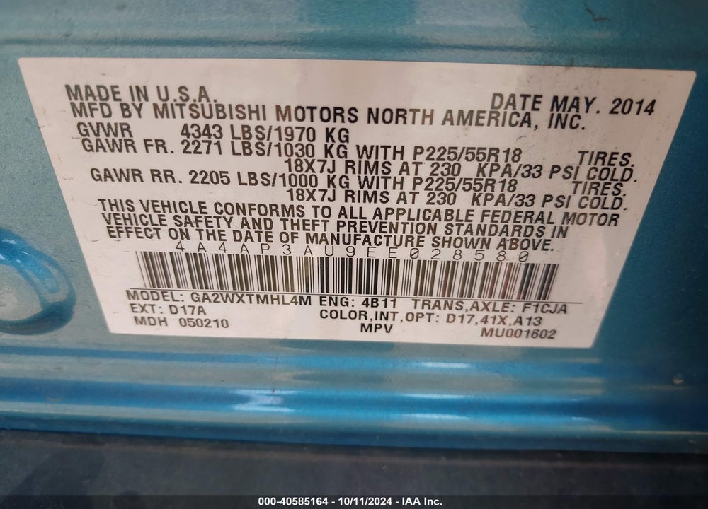 2014 MITSUBISHI OUTLANDER SPORT ES VIN: 4A4AP3AU9EE028580