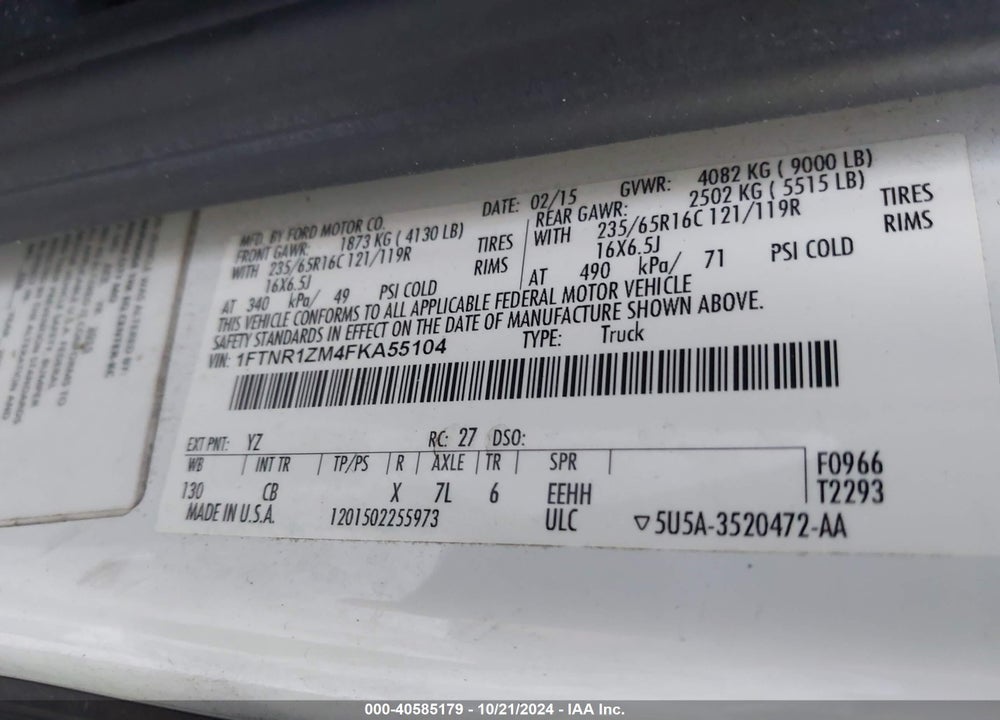 2015 FORD TRANSIT-250 VIN: 1FTNR1ZM4FKA55104