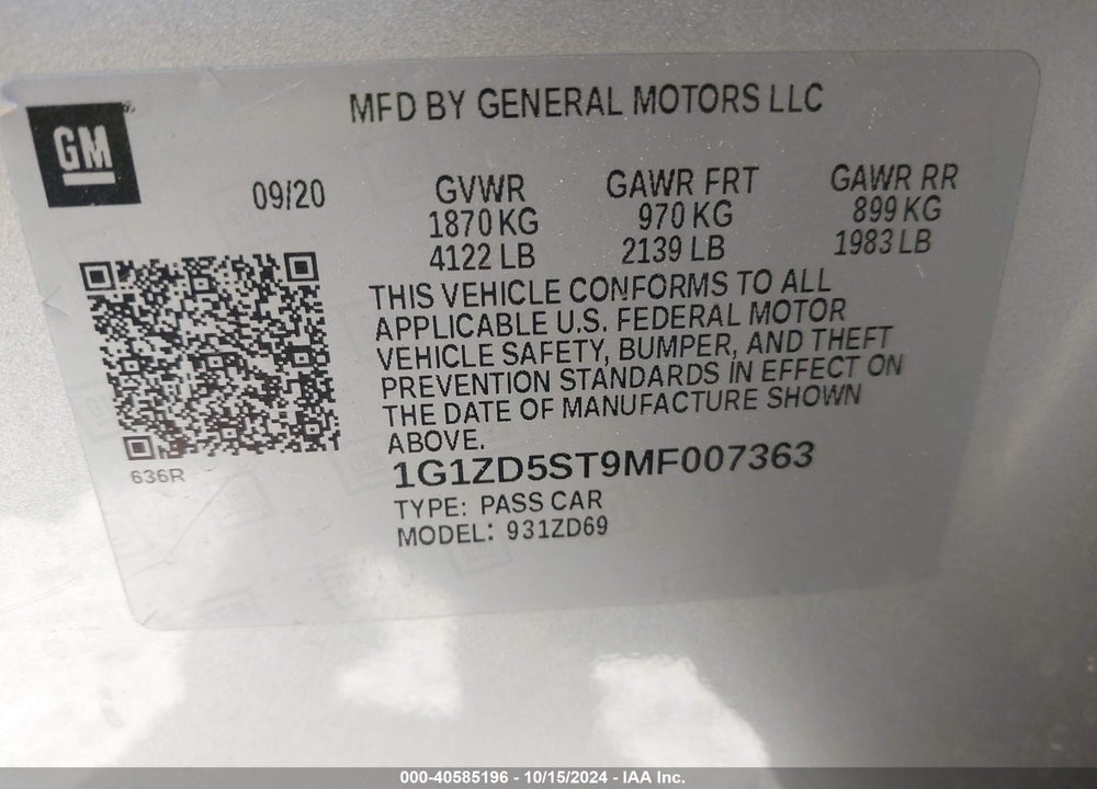 2021 CHEVROLET MALIBU VIN: 1G1ZD5ST9MF007363