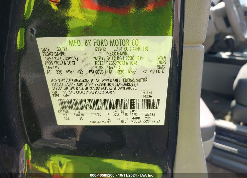2011 FORD ESCAPE XLS VIN: 1FMCU0C70BKC05881