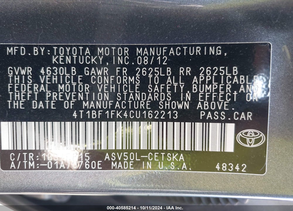 2012 TOYOTA CAMRY SE VIN: 4T1BF1FK4CU162213
