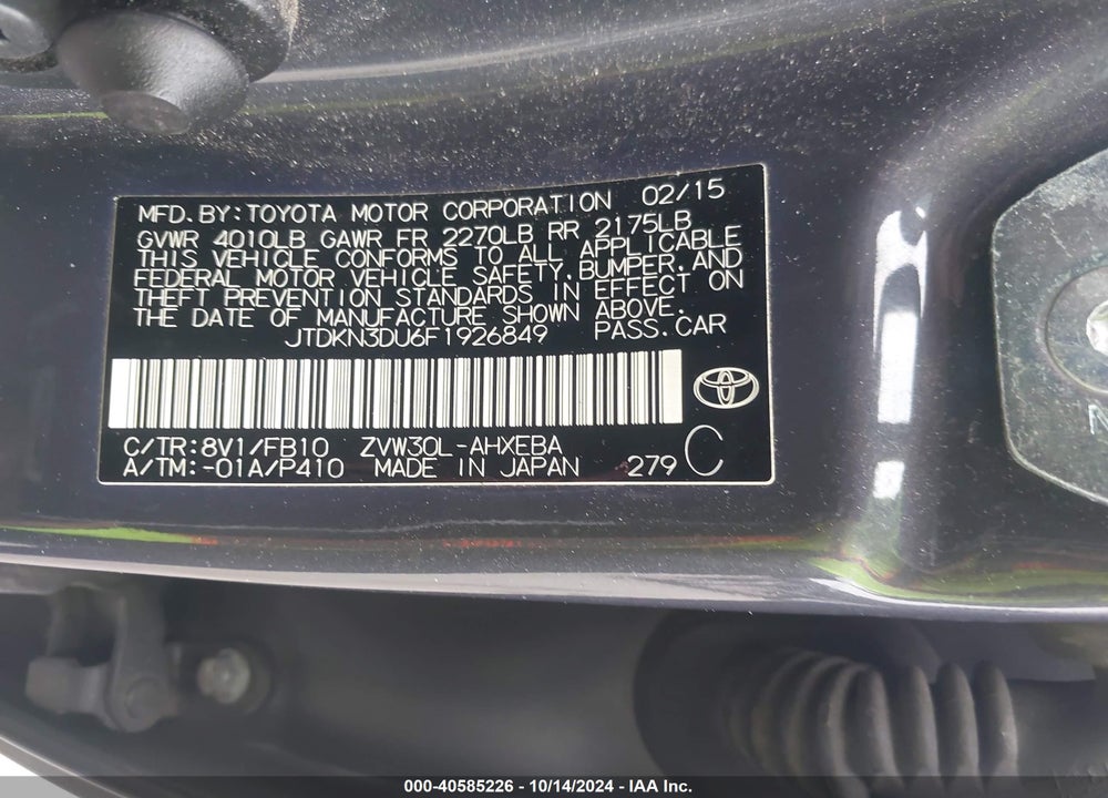 2015 TOYOTA PRIUS VIN: JTDKN3DU6F1926849