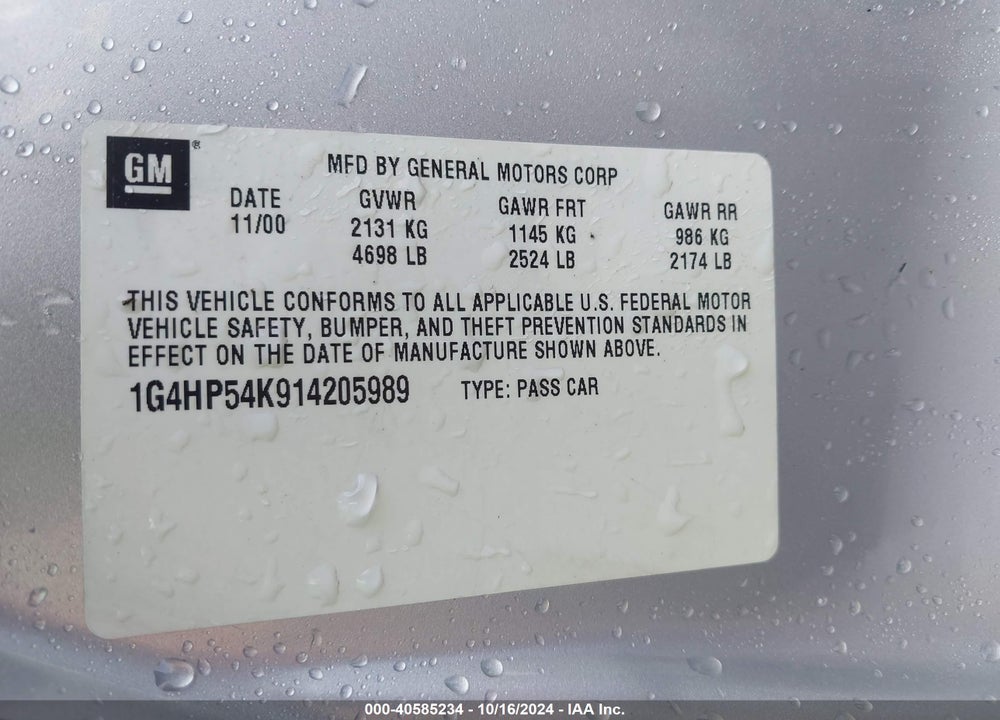 2001 BUICK LESABRE CUSTOM VIN: 1G4HP54K914205989