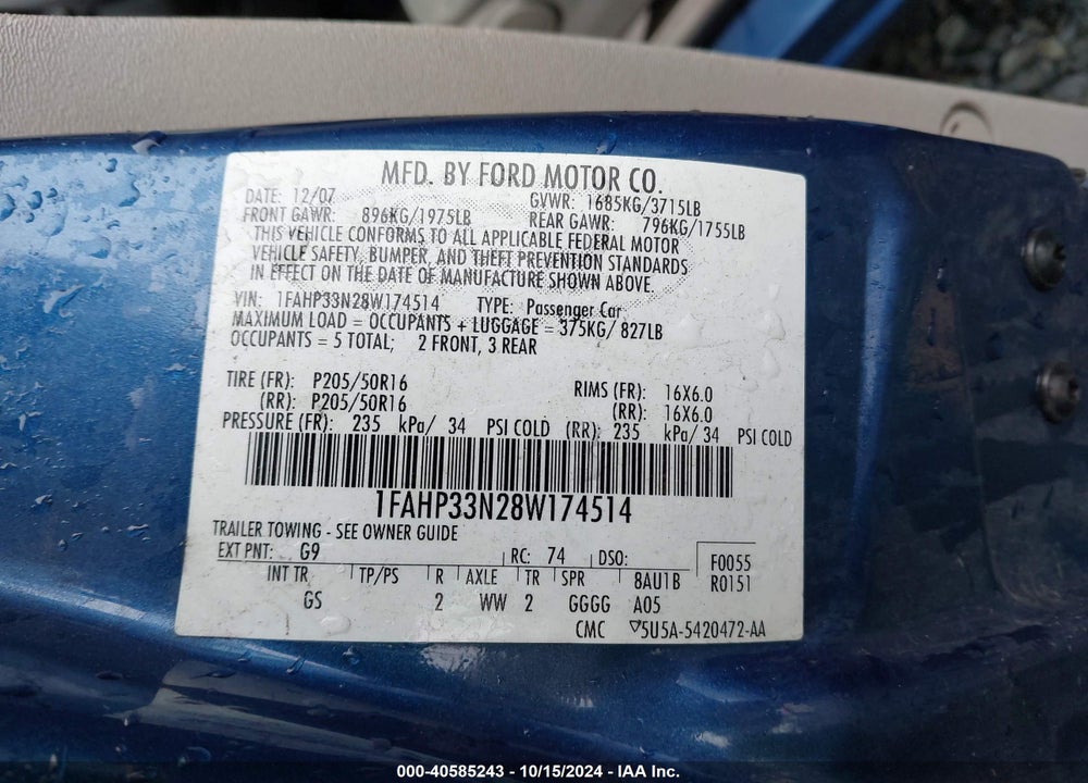 2008 FORD FOCUS SES VIN: 1FAHP33N28W174514