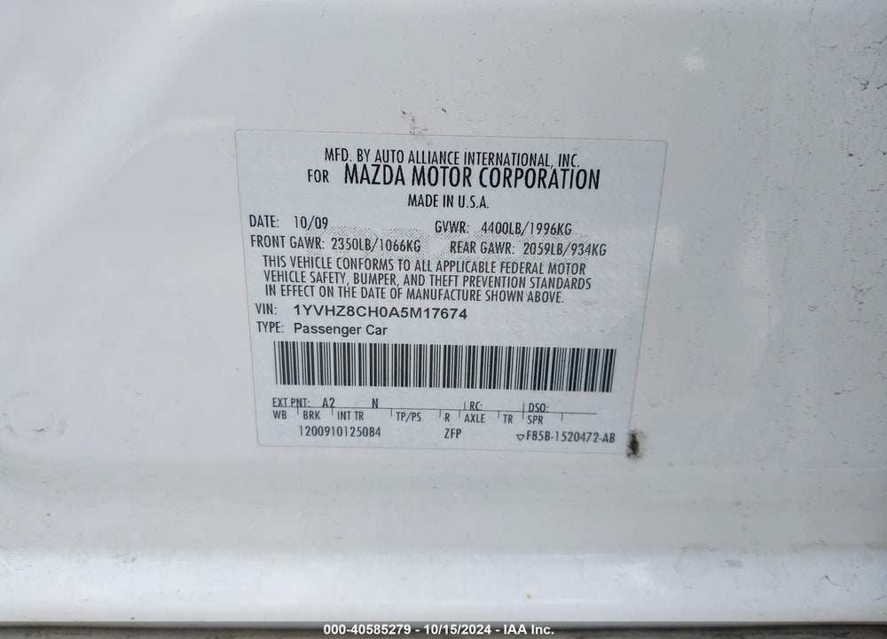 2010 MAZDA 6 I TOURING VIN: 1YVHZ8CH0A5M17674