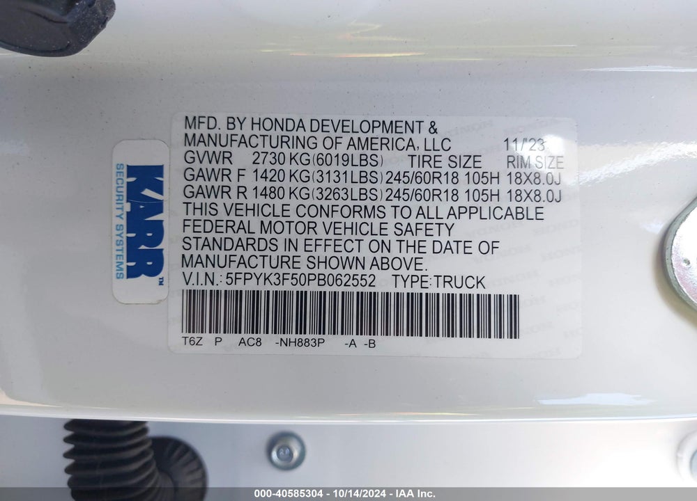 2023 HONDA RIDGELINE RTL VIN: 5FPYK3F50PB062552