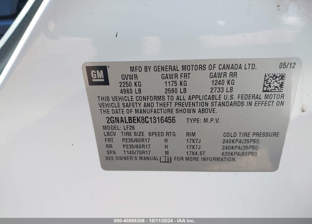 2012 CHEVROLET EQUINOX LS VIN: 2GNALBEK8C1316456