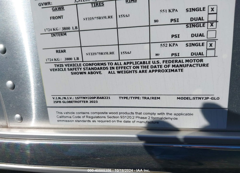 2023 AIRSTREAM GLOBETROTTER VIN: 1STTNYJ20PJ568221