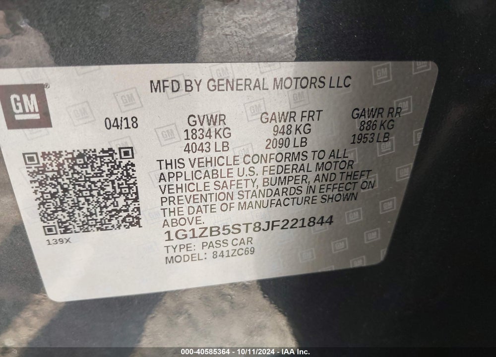 2018 CHEVROLET MALIBU 1LS VIN: 1G1ZB5ST8JF221844