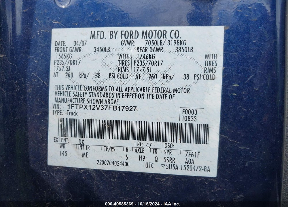 2007 FORD F-150 LARIAT/STX/XL/XLT VIN: 1FTPX12V37FB17927