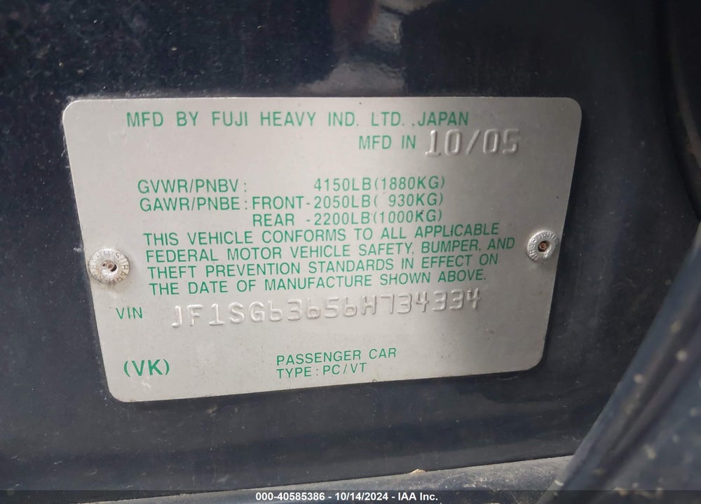 2006 SUBARU FORESTER 2.5X VIN: JF1SG63656H734334