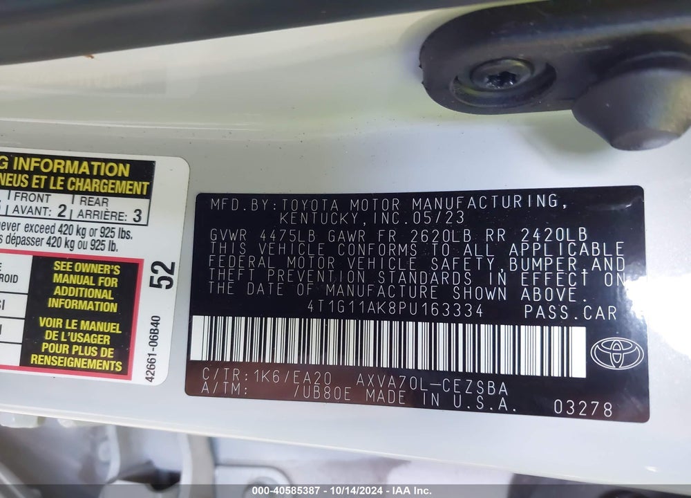 2023 TOYOTA CAMRY SE VIN: 4T1G11AK8PU163334