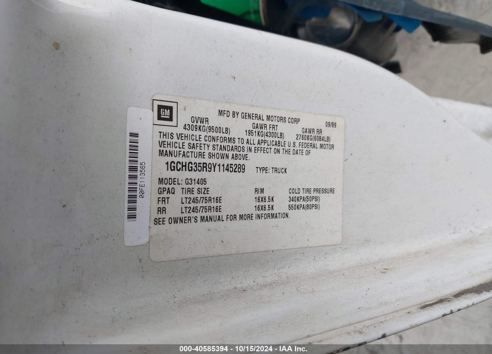 2000 CHEVROLET EXPRESS VIN: 1GCHG35R9Y1145289
