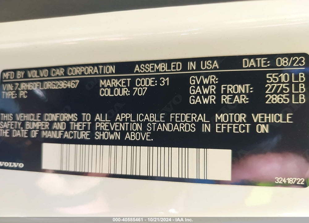 2024 VOLVO S60 RECHARGE PLUG-IN HYBRID VIN: 7JRH60FL0RG296467