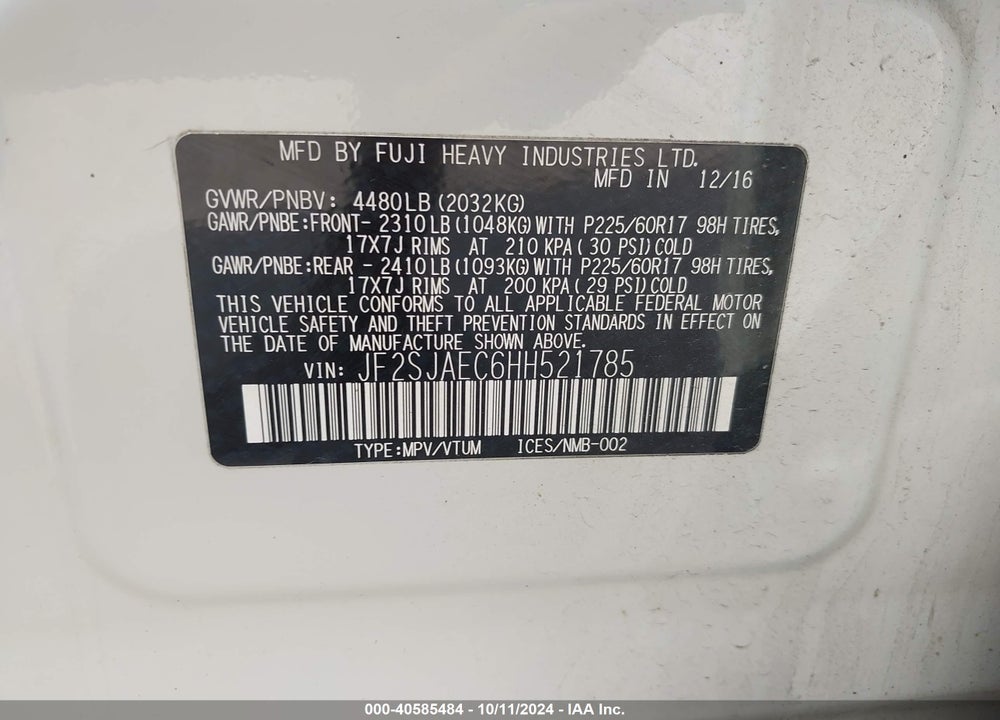 2017 SUBARU FORESTER 2.5I PREMIUM VIN: JF2SJAEC6HH521785