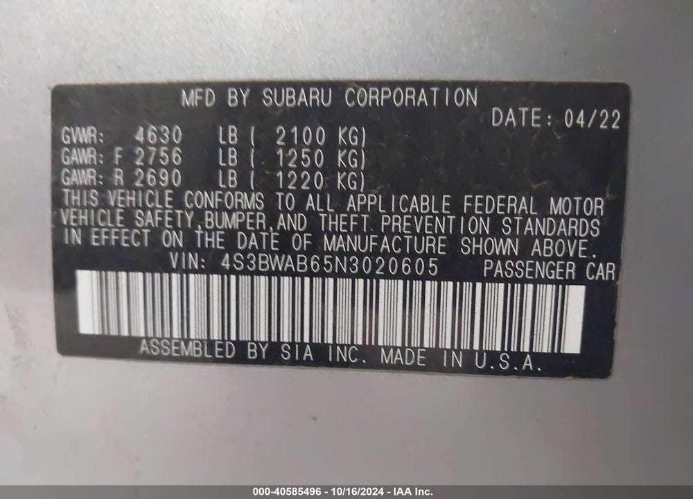 2022 SUBARU LEGACY VIN: 4S3BWAB65N3020605