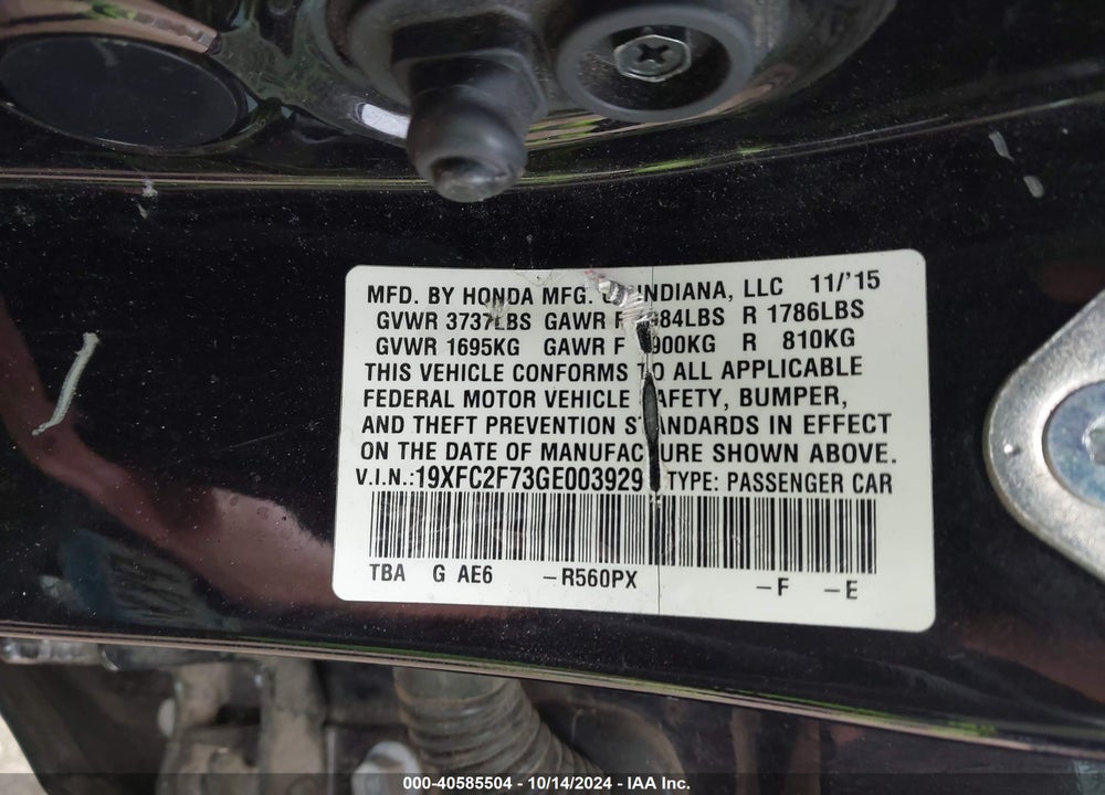2016 HONDA CIVIC EX VIN: 19XFC2F73GE003929