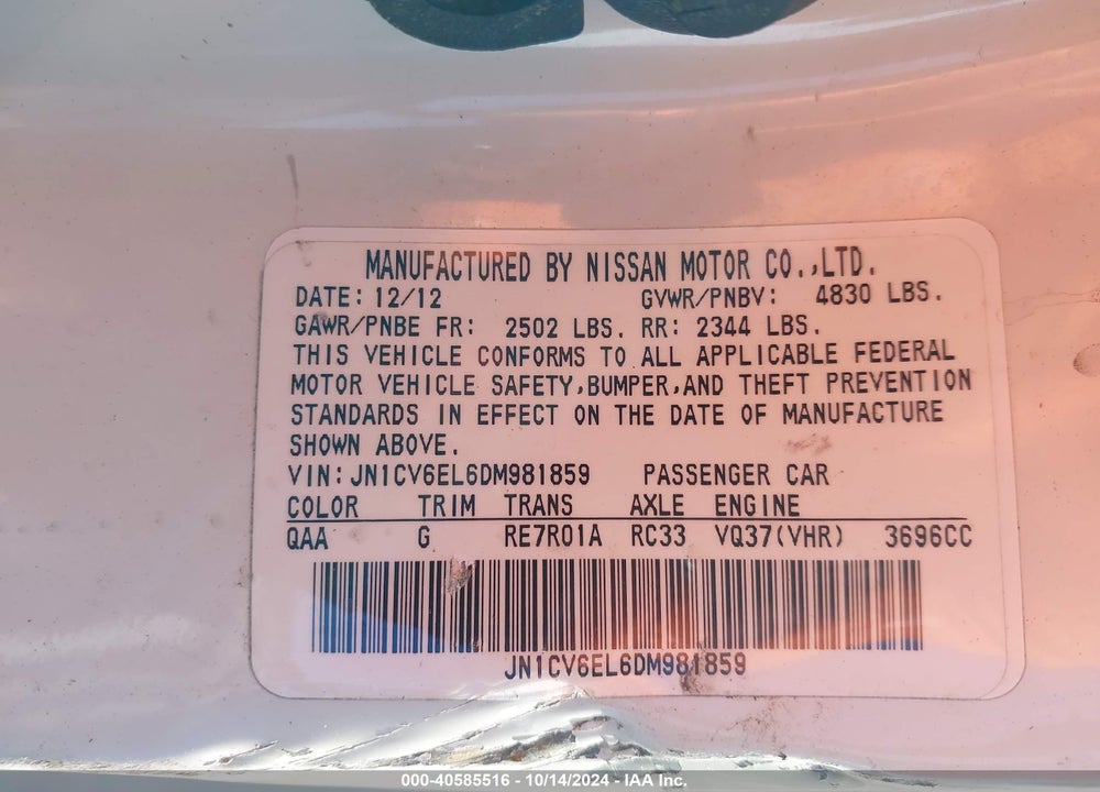 2013 INFINITI G37X VIN: JN1CV6EL6DM981859