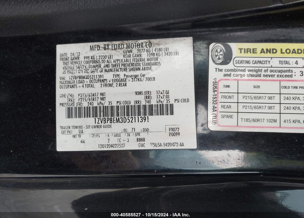2013 FORD MUSTANG VIN: 1ZVBP8EM3D5211391