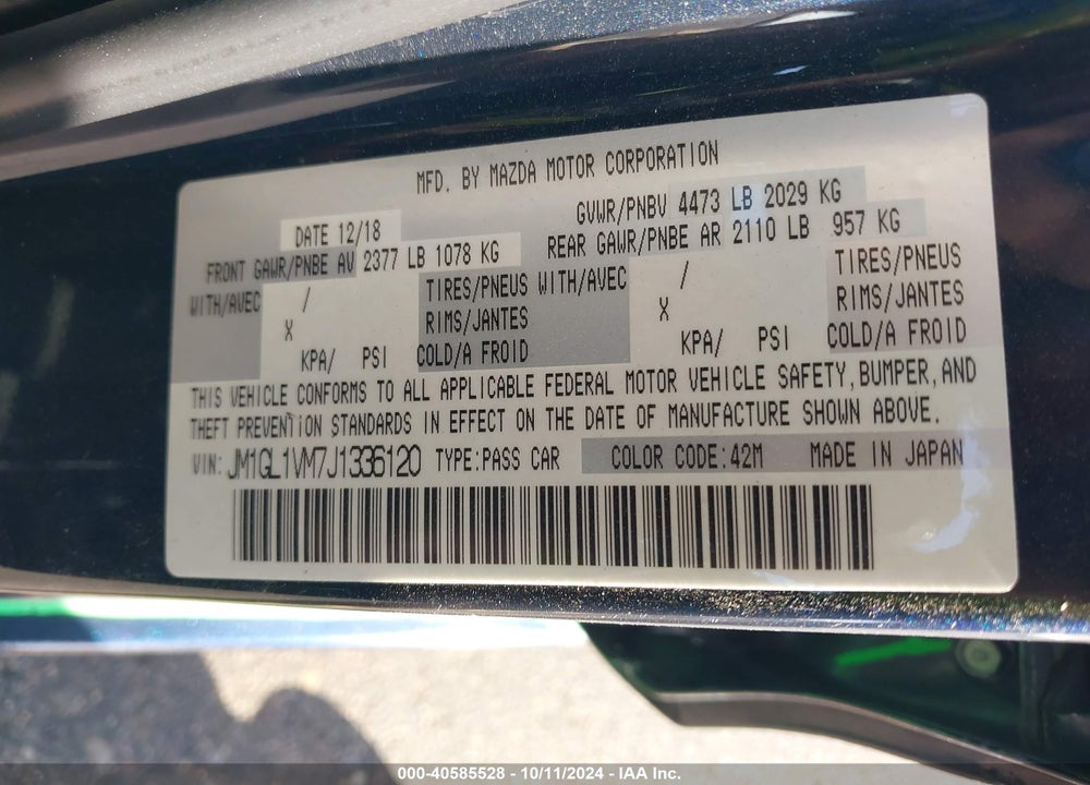 2018 MAZDA 6 TOURING VIN: JM1GL1VM7J1336120