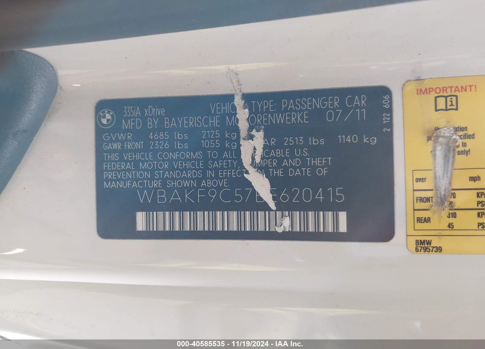 2011 BMW 335I XDRIVE VIN: WBAKF9C57BE620415